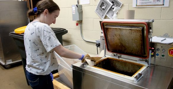 Individual loading food waste into a dehydrator or compost machine in a kitchen setting