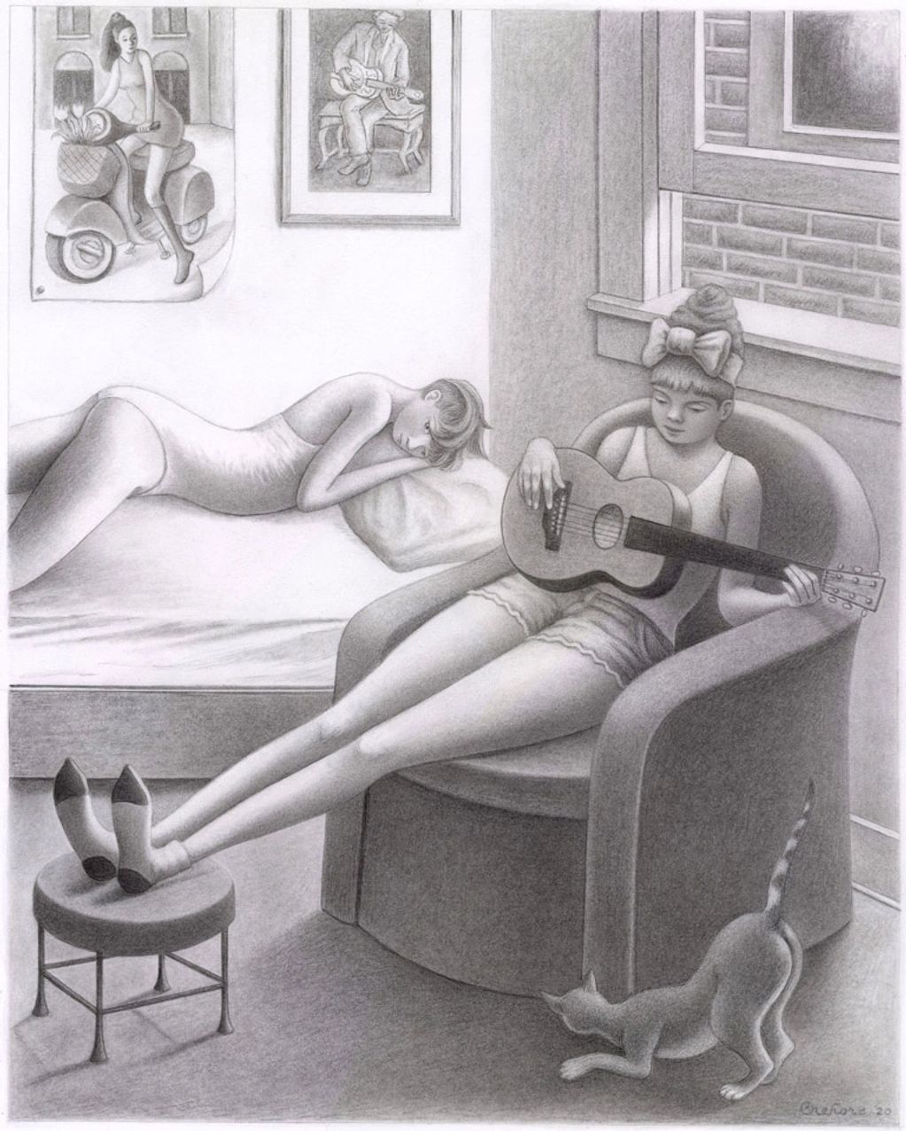 pencil drawing, graphite drawing, Amy Crehore, apartment, girls 