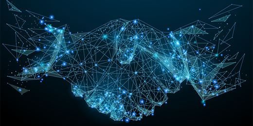 Digital handshake formed by interconnected blue lines and glowing nodes on a dark background.