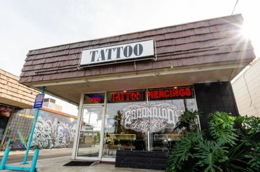 A view of the exterior of a tattoo shop