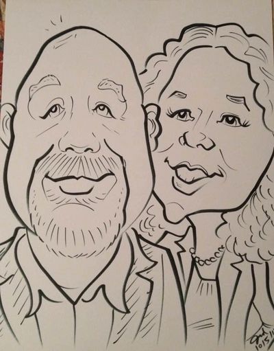 Black and white caricature of a smiling man and woman.