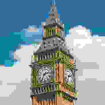 Image of the top of Elizabeth Tower at the Houses of Parliament in London. Also known as Big Ben.