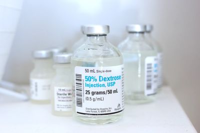 Bottles of liquid dextrose.