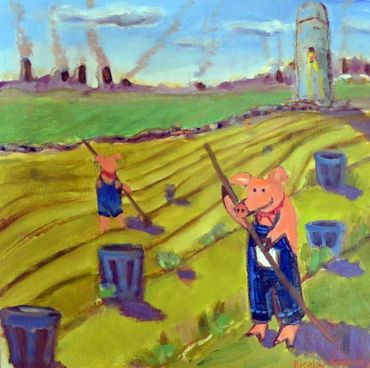 Oil painting on 16" x 16" board. 
"Hog Farm is a ironic scene portraying pig farmers hoeing fields o