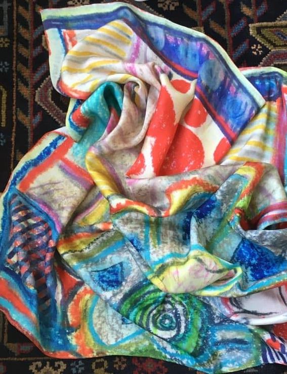Silk scarf made in Uzbekistan based on my art. Available for sale.