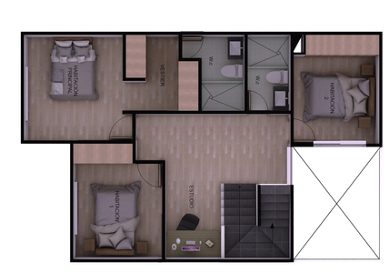 Habitación principal con baño privado, 2 habitaciones con baño auxiliar y estudio .