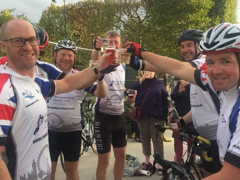 fundraisers at the finish of london to paris cycle challenge Campbell Burns Metabolic Trust
