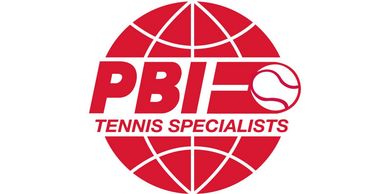 Logo for PBI Tennis Specialists with a globe and tennis ball.