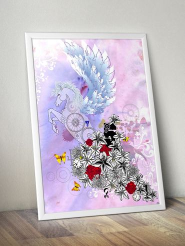 illustration
pegasus
flowers
time
numbers
water colour
print