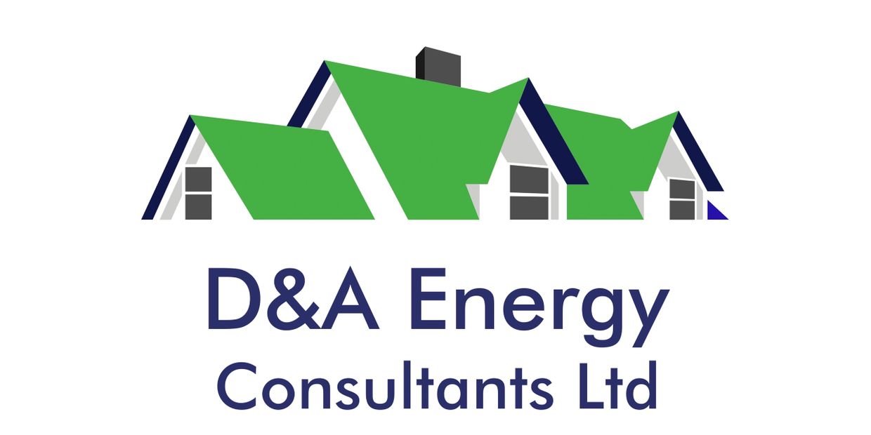 Green rooftop and grey windows with blue writing D&A Energy Consultants logo 