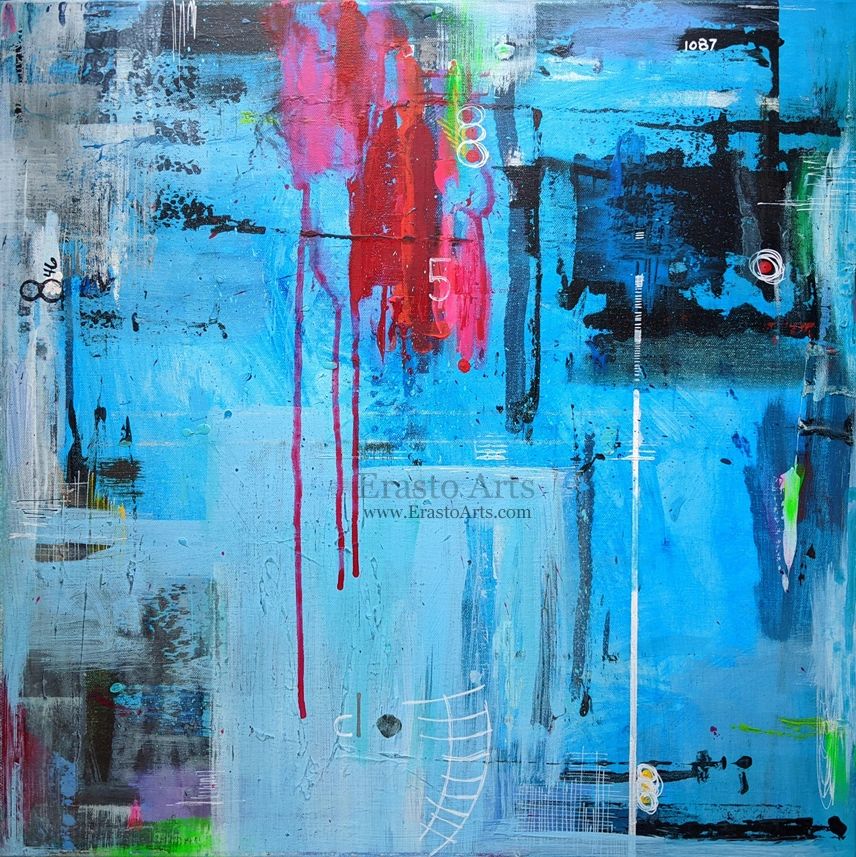 Abstract painting with blue, red, and black tones, featuring drips and geometric shapes.