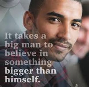 A confident man with a motivational quote about belief and humility.