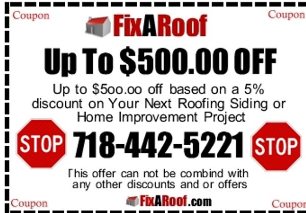 Take advantage of up to $500 off your next full roofing project offer is only avaiable in Brooklyn