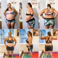 Before and after weight loss progress photos of a woman from front, side, and back views.