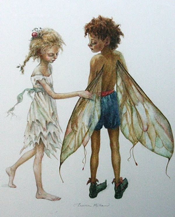 Artwork of a fair boy with a girl child looking at the wings