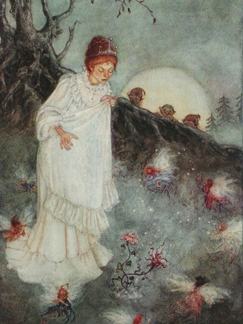 Artwork of a woman wearing a white dress walking in a forest