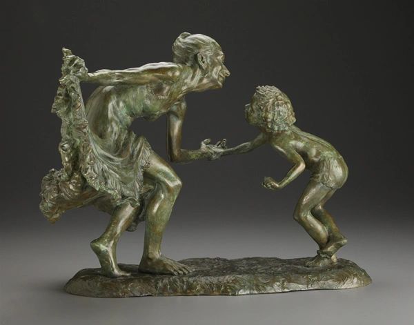 Artwork of a green color statue of a woman and a child