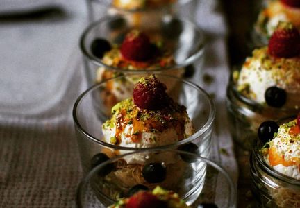 Feta cheesecake, almond kadaif, pistachio crumb and summer fruits