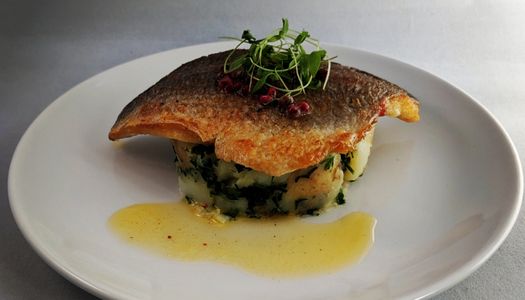 Pan fried sea bream, buttered new potatoes and pink peppercorns