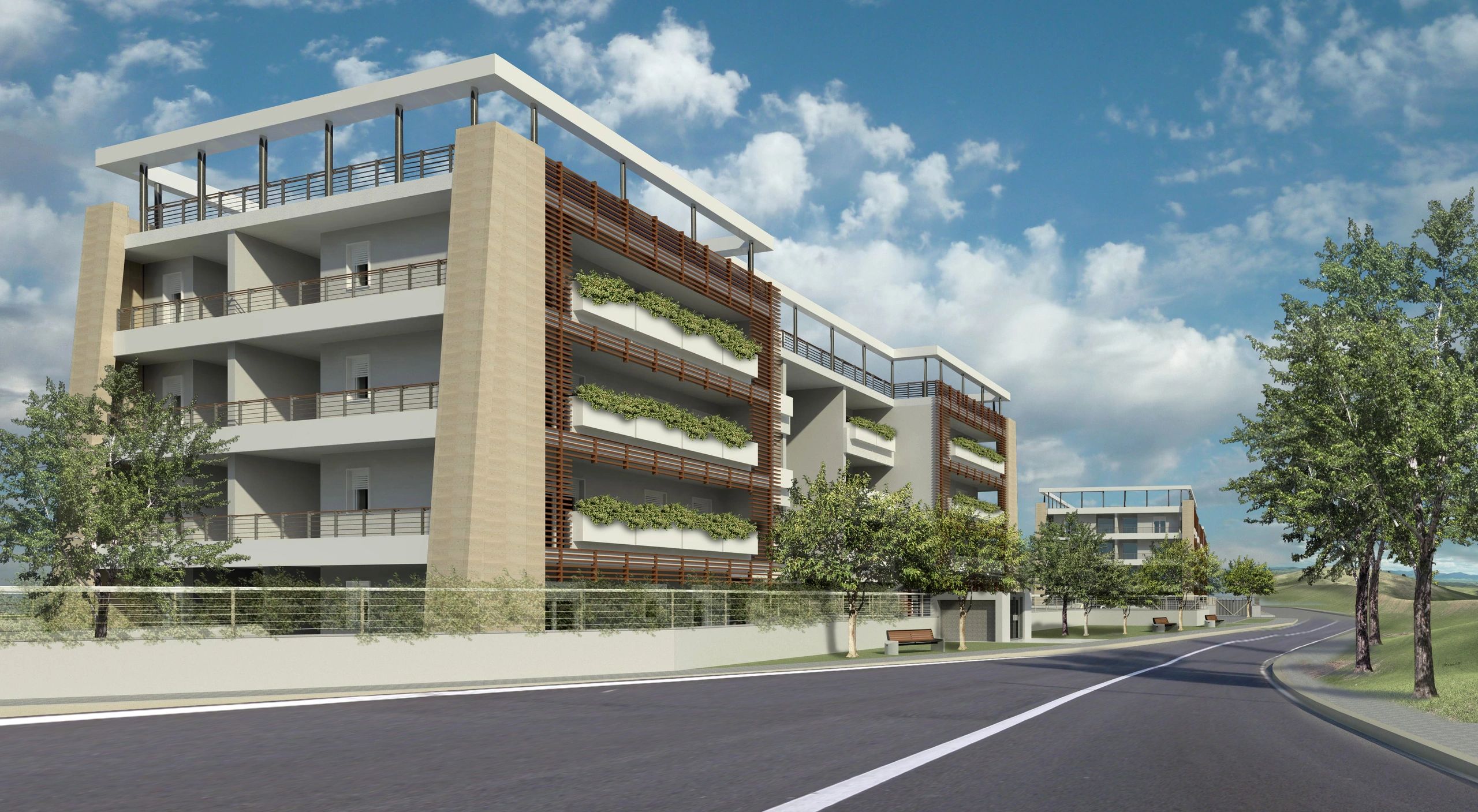 Moderni edifici residenziali con terrazze verdi, ampi balconi e design lineare ed elegante.