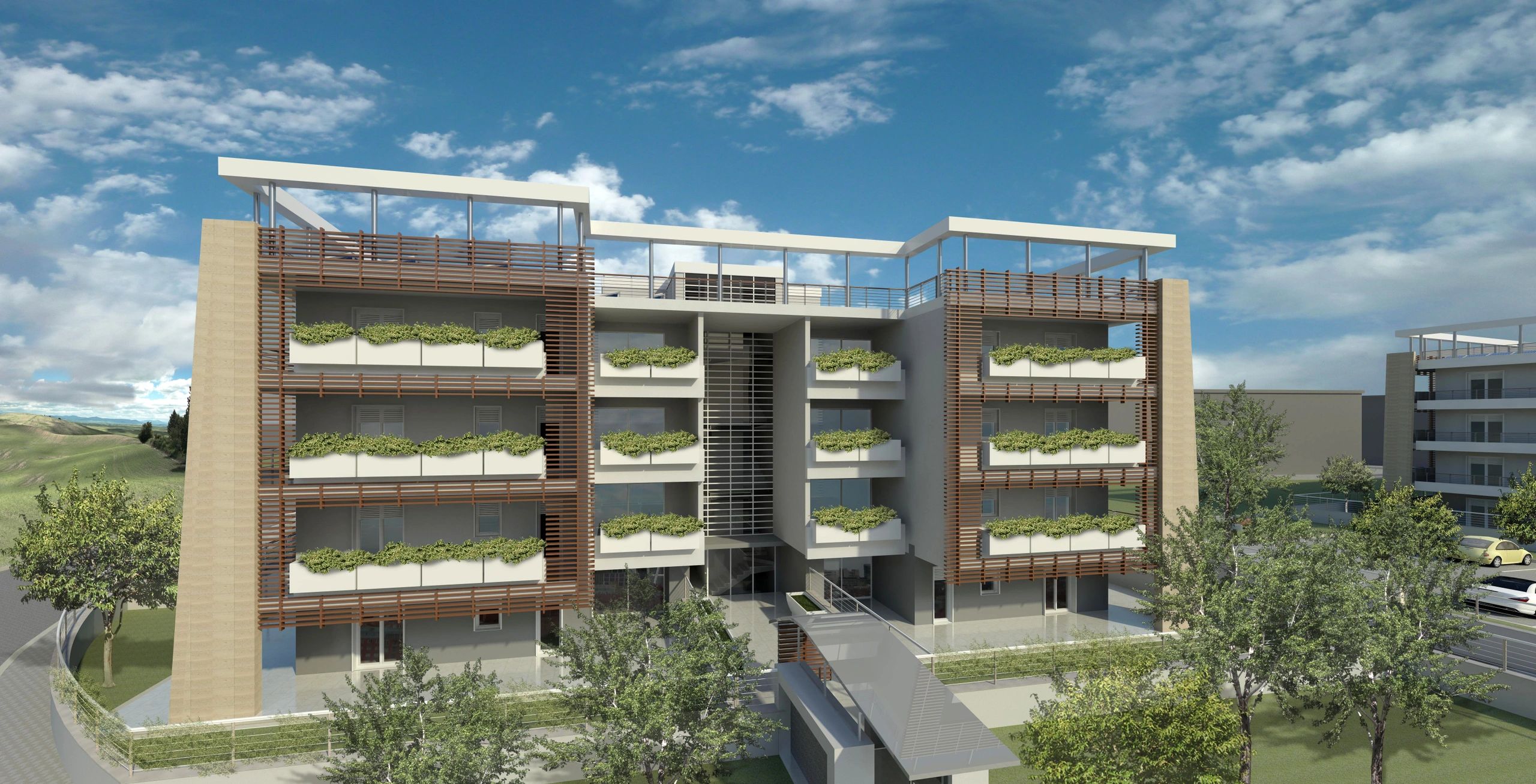 Facciata elegante con ampie vetrate, balconi verdi e design moderno immerso nel paesaggio.