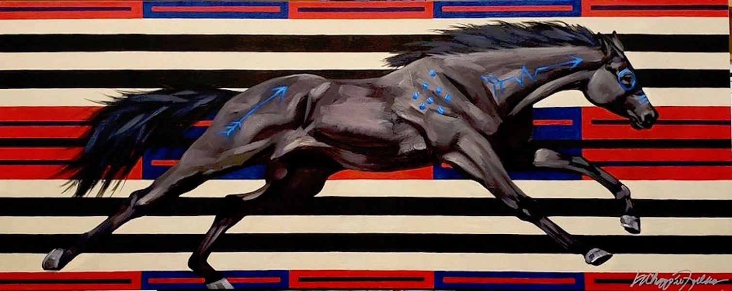 Running bay horse on a patterned background of red, blue, black and cream