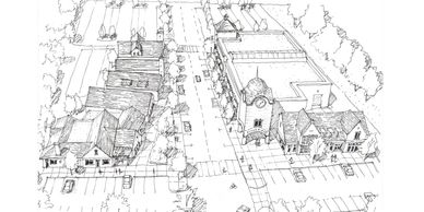 Black and white sketch of a small town street.