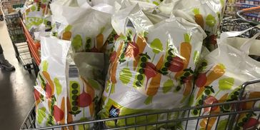 Shopping cart filled with bags of fresh vegetables at a market.