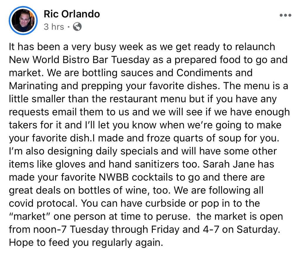 NEW WORLD BISTRO REOPENS ON TUESDAY....