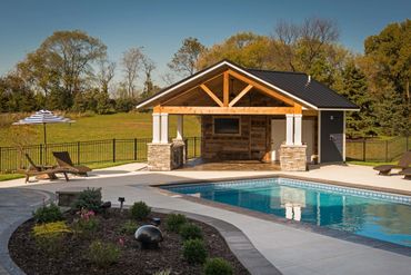 Wide angle front view of pool house project