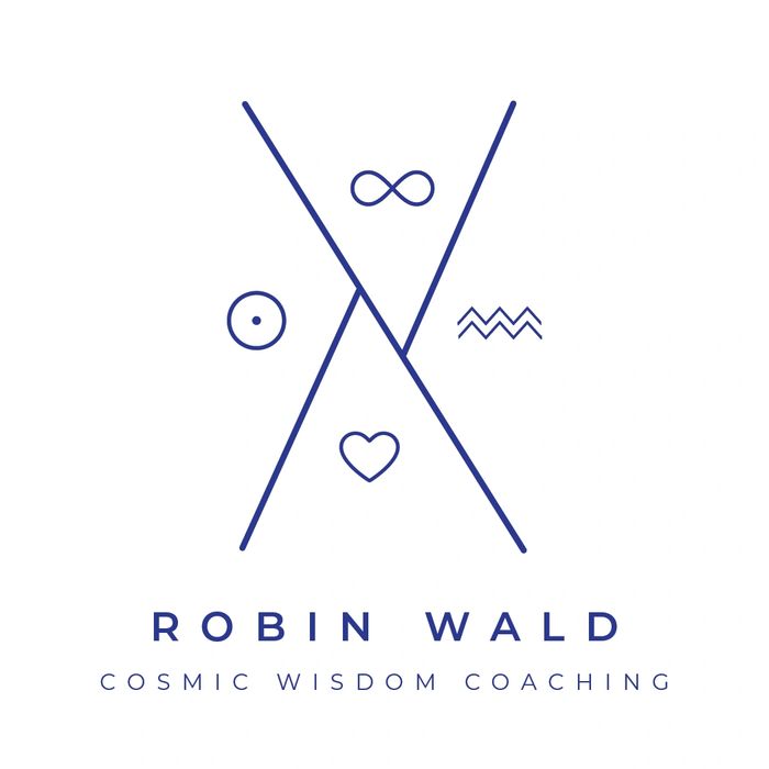 Cosmic Wisdom Coaching logo with Hebrew letter Aleph symbols of infiinity Sun Aquarius Heart love