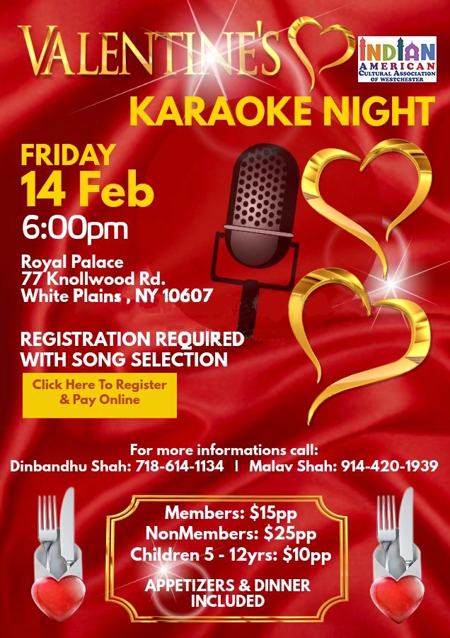 Valentine's Karaoke Night on Feb 14 at Royal Palace, White Plains, NY with dinner included.