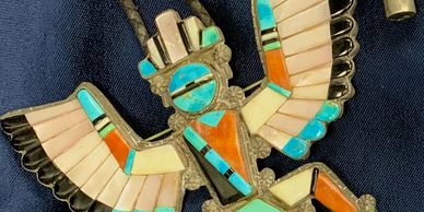 Native American, knife-wing, channel inlay bolo. Zuni tribe.