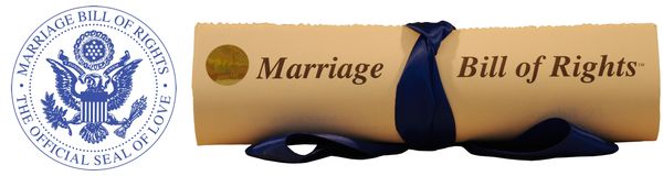 Marriage Bill of Rights rolled up with ribbon and the official seal of love.