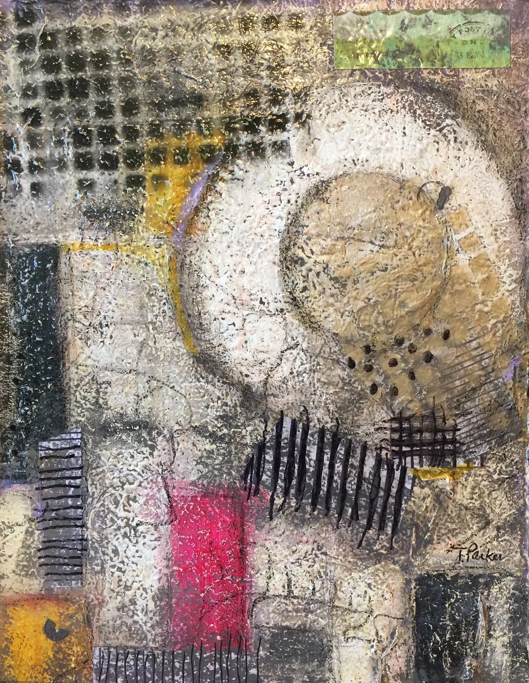 Circle of Gold acrylic and found objects on deckle edge paper on stretched canvas 24w x 30h x 2d"