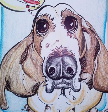 Dog caricature - dreaming of devouring a steak!