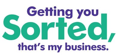 Purple stylized paperclip on right-hand side of the words "Getting you Sorted, that's my business"