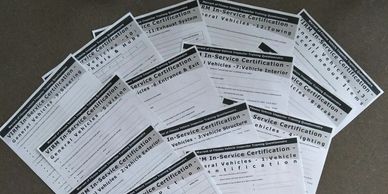 Fourteen questionnaire sheets of paper spread out on a table.