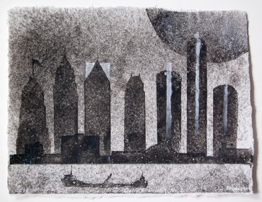 Detroit Dreams, pulp painting on handmade paper by Don Widmer Size: 8.5 x 11 inches