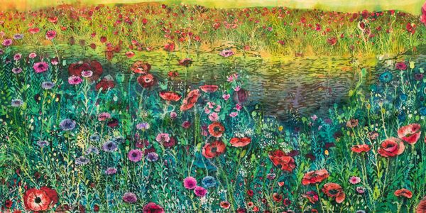 A field of cheerful, bright red poppies announce warmer weather on this batik.