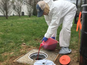 CHL personnel injecting dye with appropriate PPE as included in dye injection kit.
#cleangroundwater