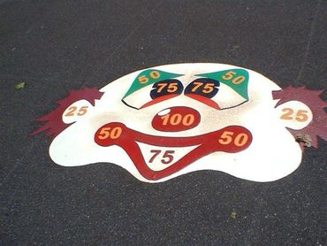 Preformed thermoplastic Clown Target game on asphalt by surface signs of NY