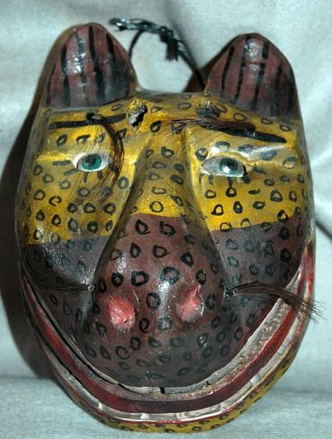 Guatemala Mask Smiley Jaguar with glass eyes horse hair
