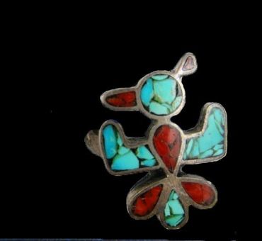 Navajo Sterling Turquoise Coral Thunderbird Ring, Spirit Bird Ring size 5