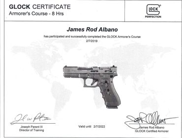Glock G20 G17 G19 G27 G21 G22 G30SF G42 G18 G43  G26 Armmorer certification