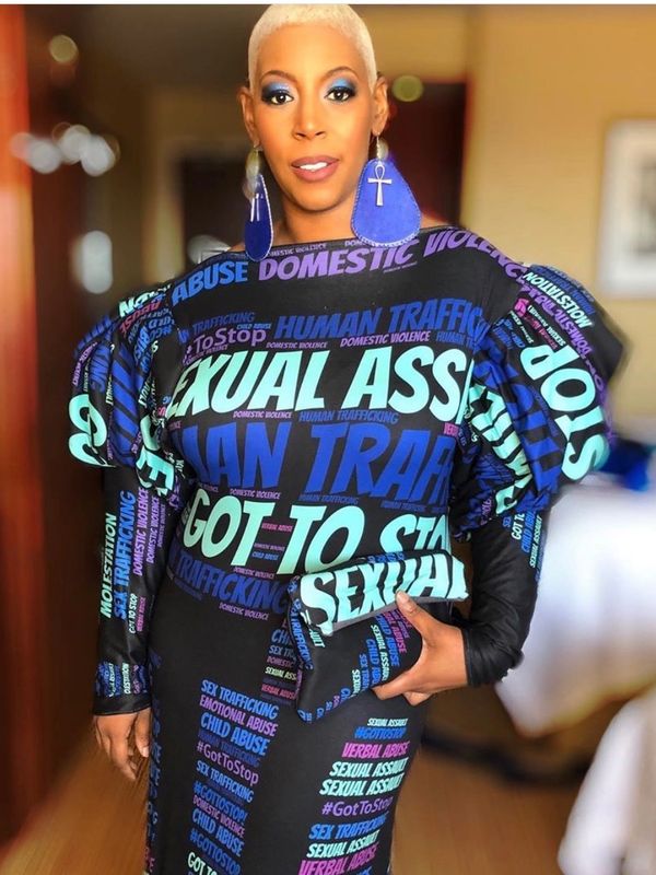 Erika L. Ewing, Award Finalist at the S.O.A.P. Awards in Ohio, 2019, wearing her signature dress.