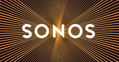 Sonos logo with dynamic radiating lines in gold and black.