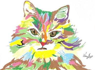 colorful painting of cat. wendy byard. wordgirlmarketing.com. Longhaired Tabby. Tabby Cat