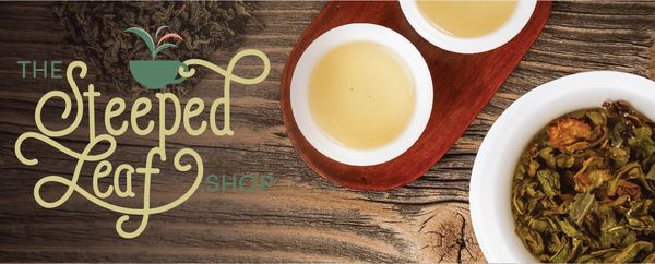 The Steeped Leaf Logo with cups of tea and steeped loose leaf tea