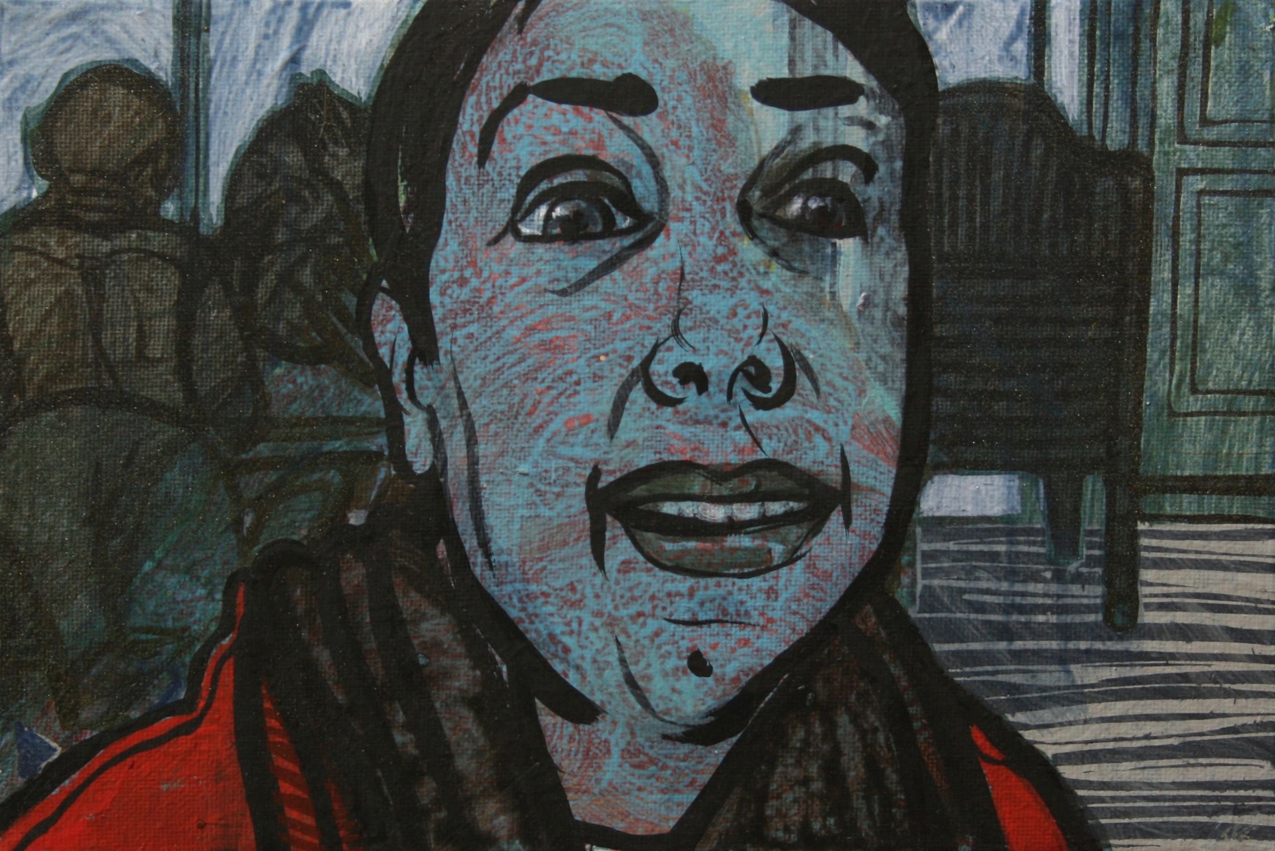 Eavesdropping in Café, gouache & acrylic on canvas, 35x25 cm, 2014